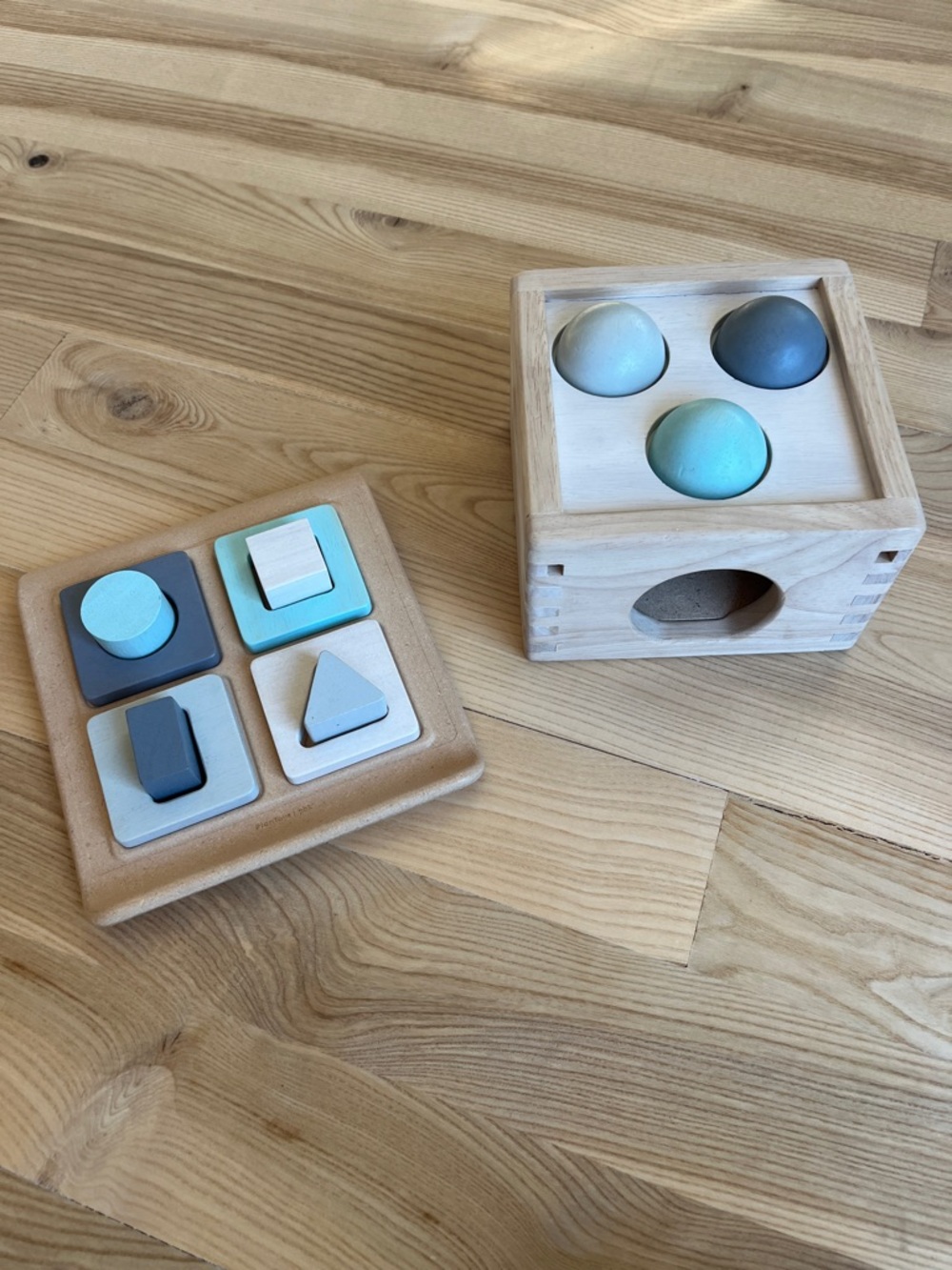 Pottery Barn Kids Wooden Shape Sorter & Ball Toy in Blue, Aqua & Gray